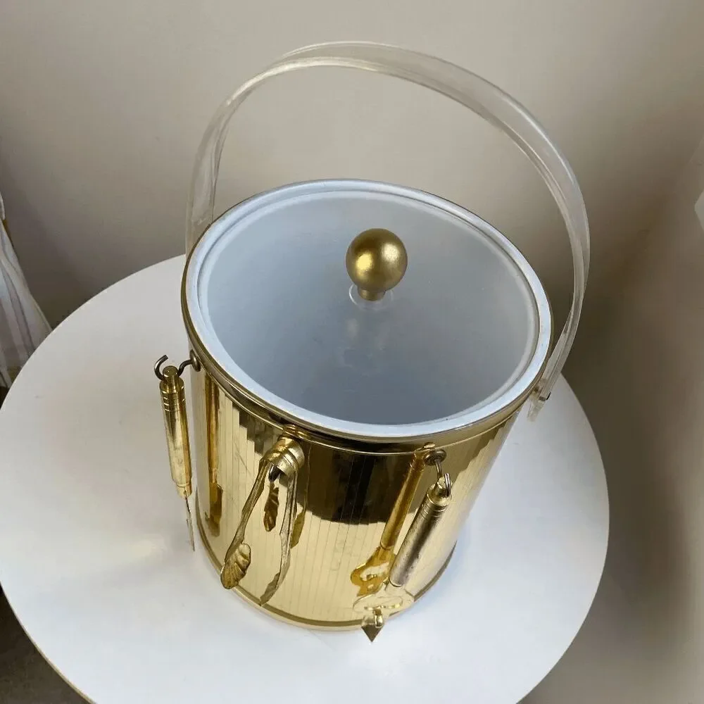 Vintage 1970s Metallic Gold Ice Bucket Clear Lucite Handle with Bar Utensils Bar